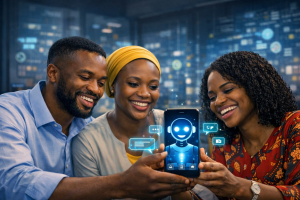 Happy Nigerian customers interacting with AI chatbot