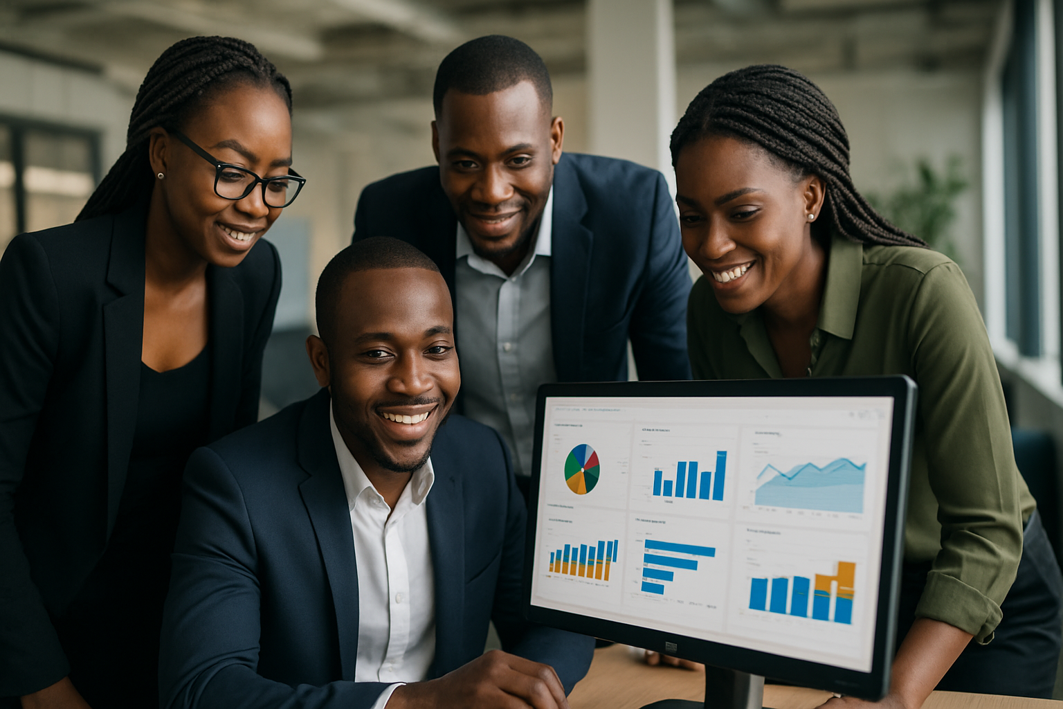 Nigerian sales team gathered around a computer, reviewing customer data dashboards together