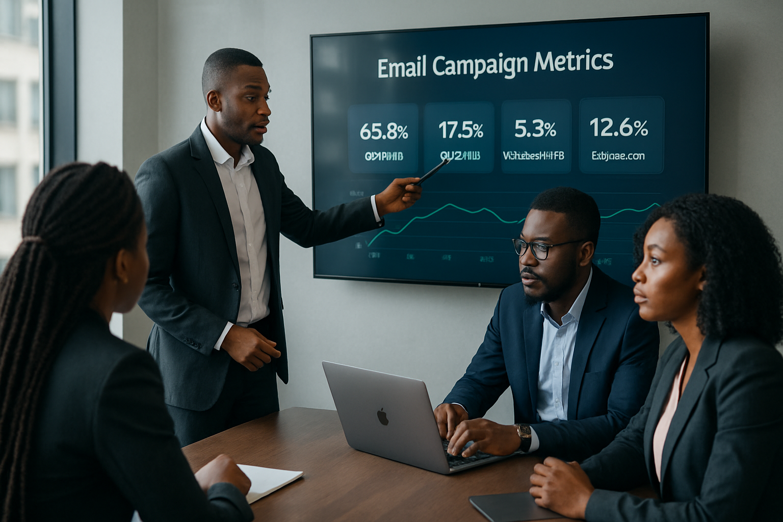 cold email outreach Nigeria - Nigerian professionals in a Lagos office reviewing email campaign metrics on a large scree