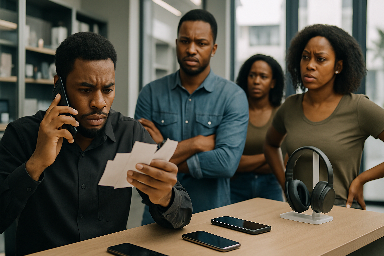WhatsApp business support - Nigerian SME staff at a small electronics shop in Abuja, juggling phones and paper tickets a