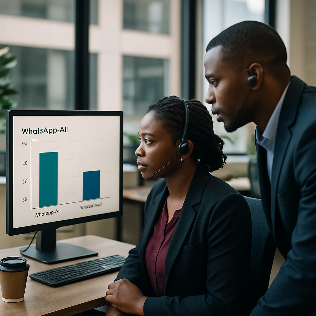 WhatsApp AI response time - Two customer service agents in a Nigerian office watching a dashboard compare live AI and hu