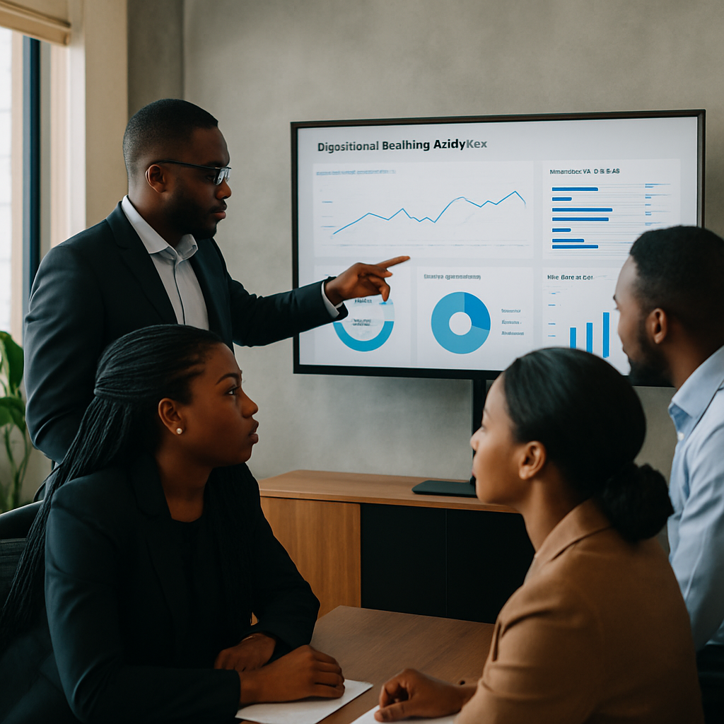 WhatsApp appointment booking - Nigerian professionals in a Lagos office reviewing WhatsApp appointment booking analytics