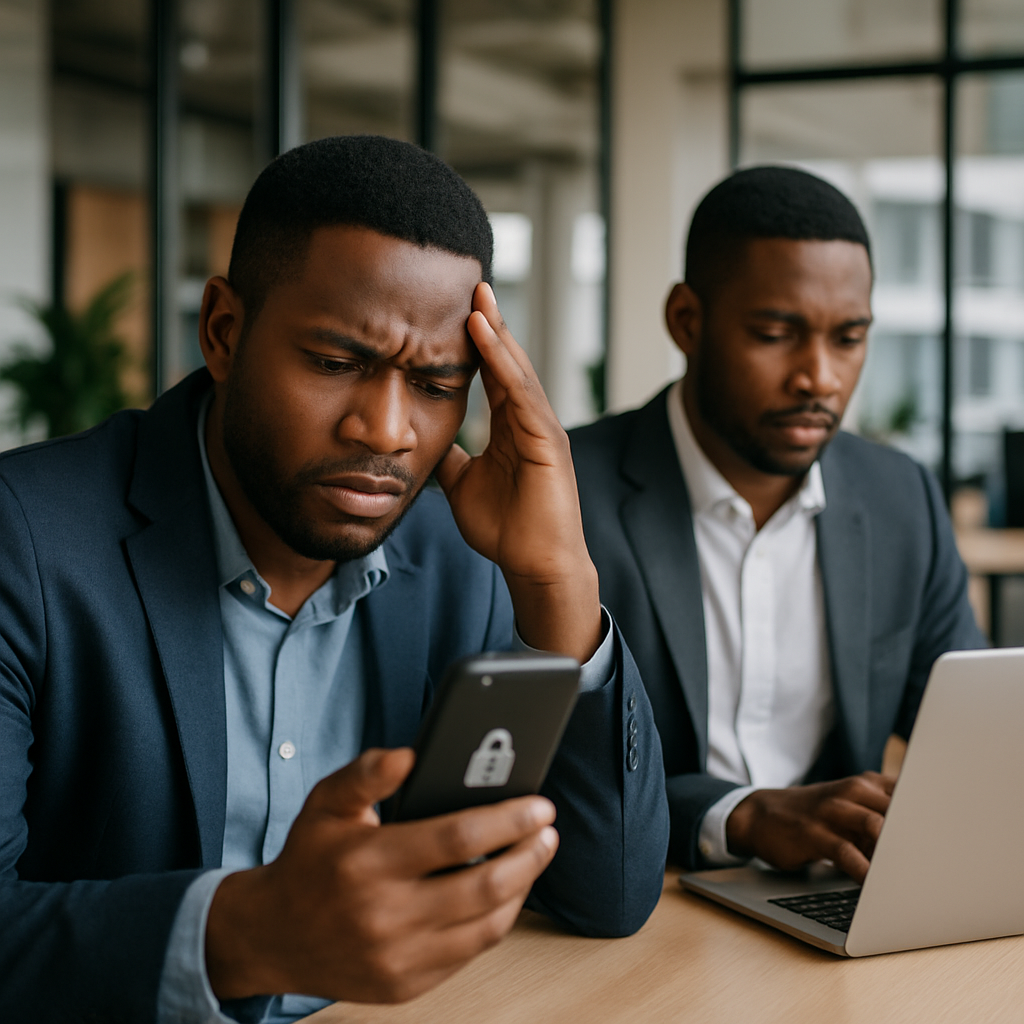WhatsApp account blocked - Two Nigerian business owners in a modern Lekki office, one looking frustrated at a locked pho