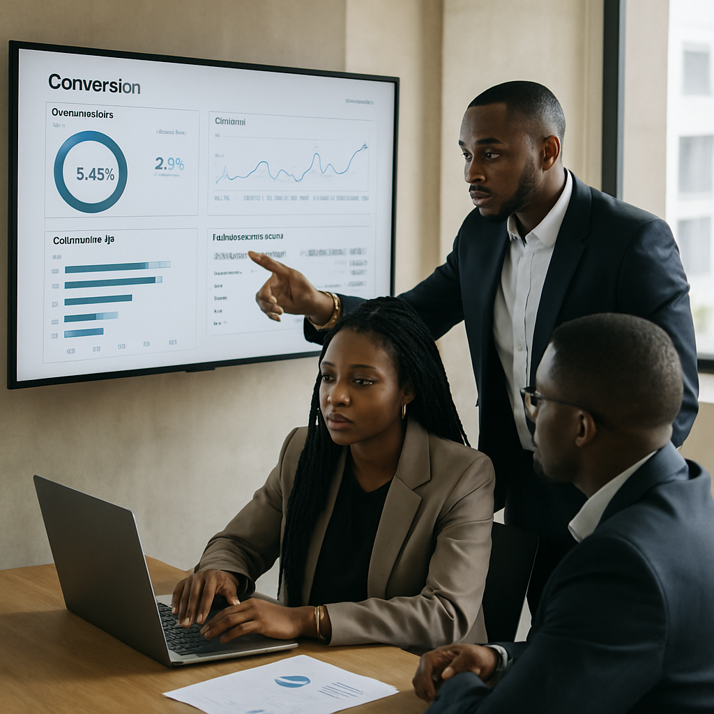 website not generating leads - Nigerian professionals in a Lagos office reviewing website conversion analytics on a larg