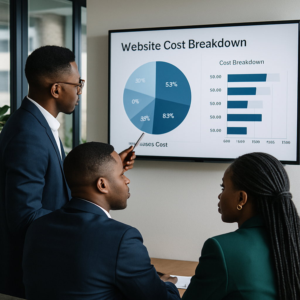 business website cost Nigeria - Nigerian professionals in a Lagos office reviewing website cost breakdown charts on a la