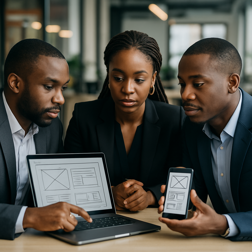 website vs mobile app - A Nigerian team in business attire discussing a wireframe design on a laptop and a smartphone at