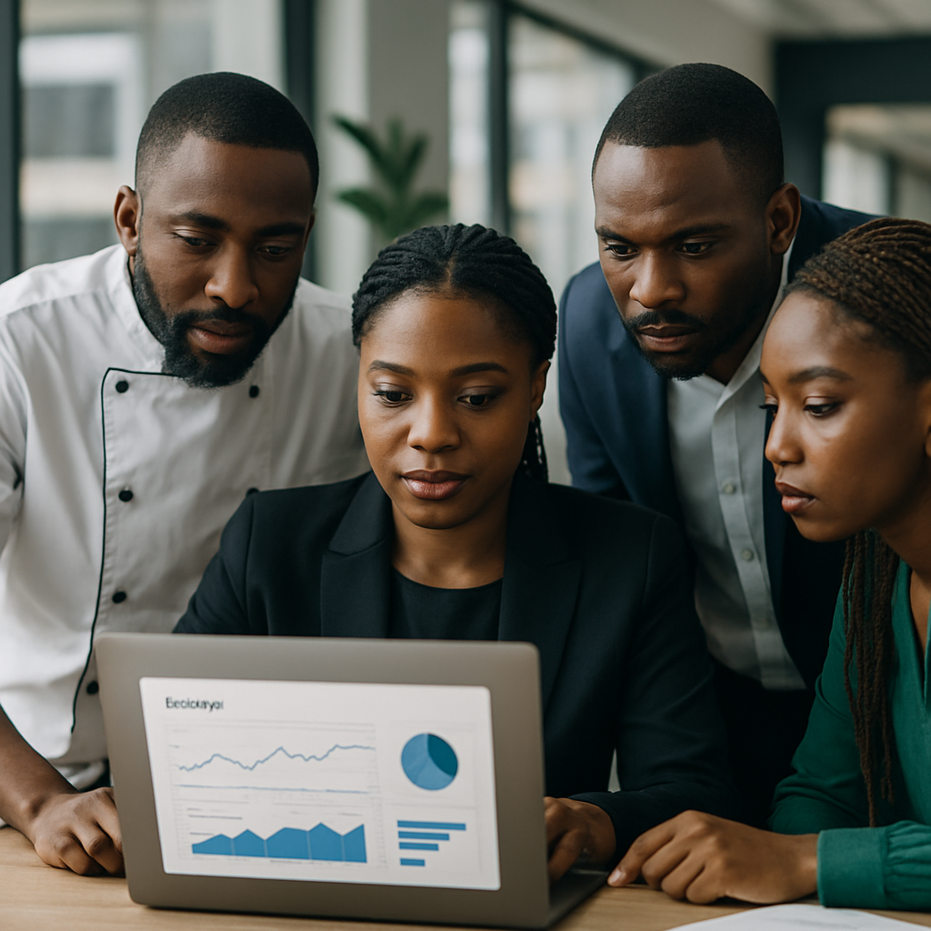 restaurant online booking Lagos - A group of Lagos restaurant owners and managers gathered around a laptop, examining bo