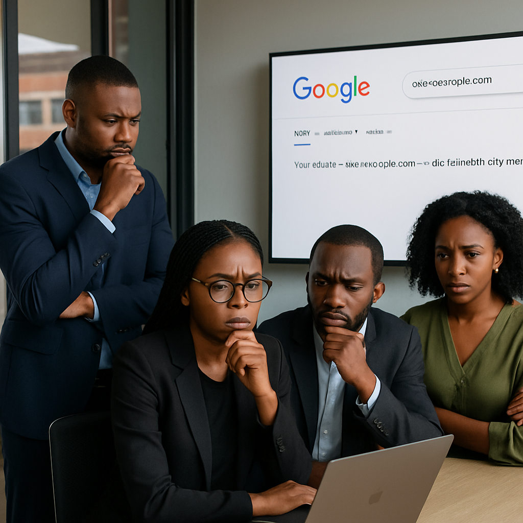 website not on Google - Nigerian professionals in a Lagos office reviewing their website’s Google search results on a la