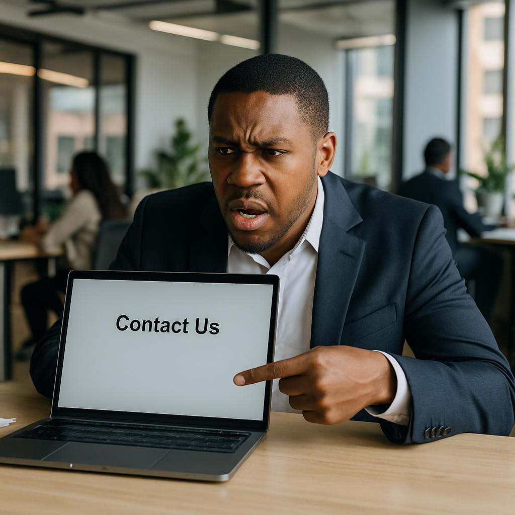 website mistakes Nigeria - A Nigerian entrepreneur pointing at a blank ‘Contact Us’ page on a laptop, looking frustrated