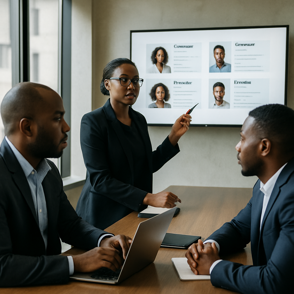generate leads Lagos - Nigerian professionals in a Lagos office reviewing customer profiles on a large screen
