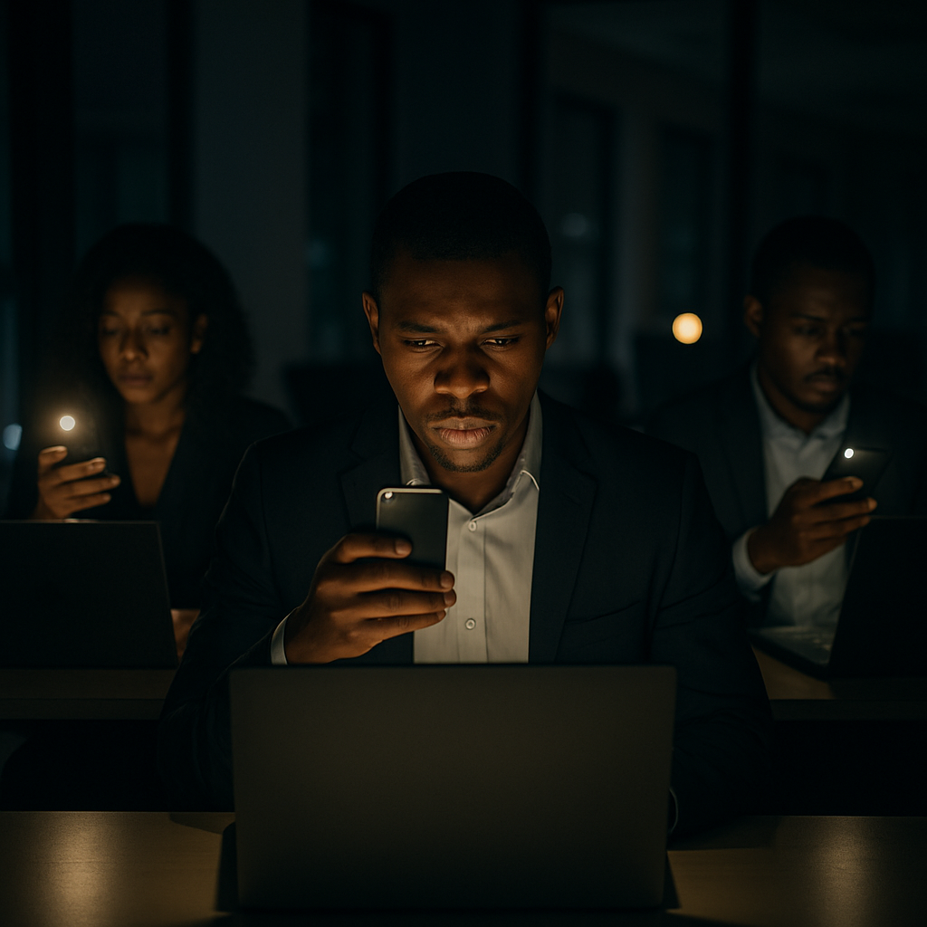 digital marketing Nigeria - A dimly lit Lagos office, with marketers using phones as flashlights, staring at blank lapto