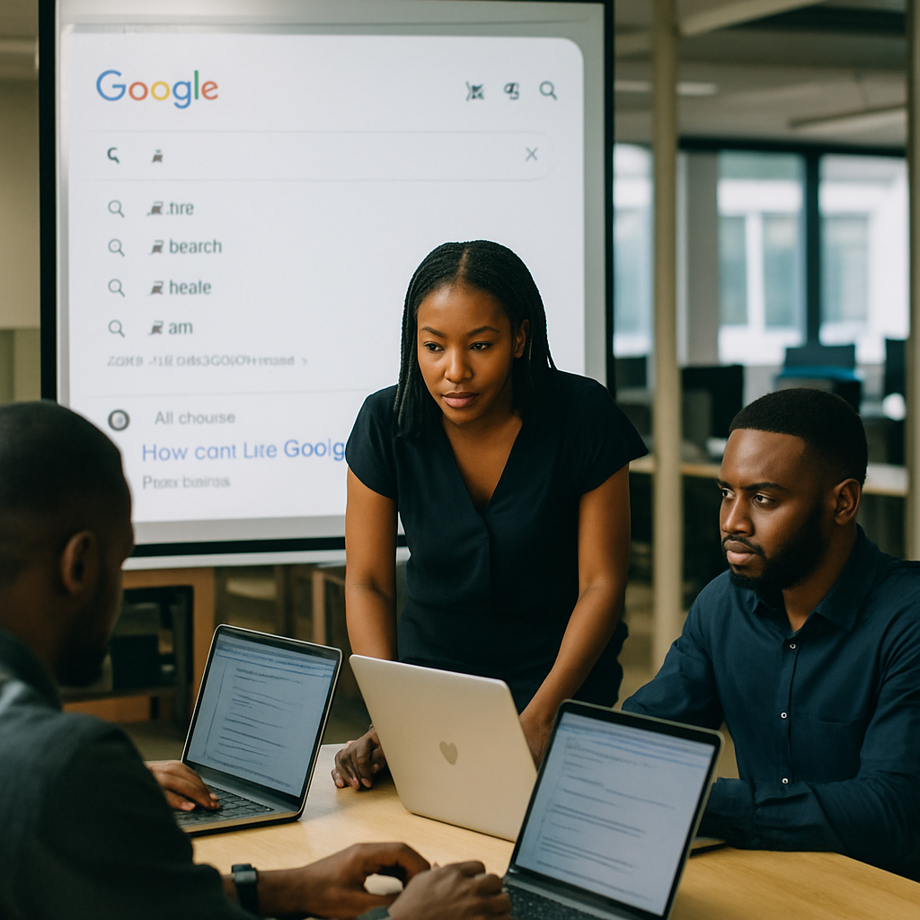 Google AI search Nigeria - A group of Nigerian tech entrepreneurs in an open-plan workspace, analysing AI-driven Google 
