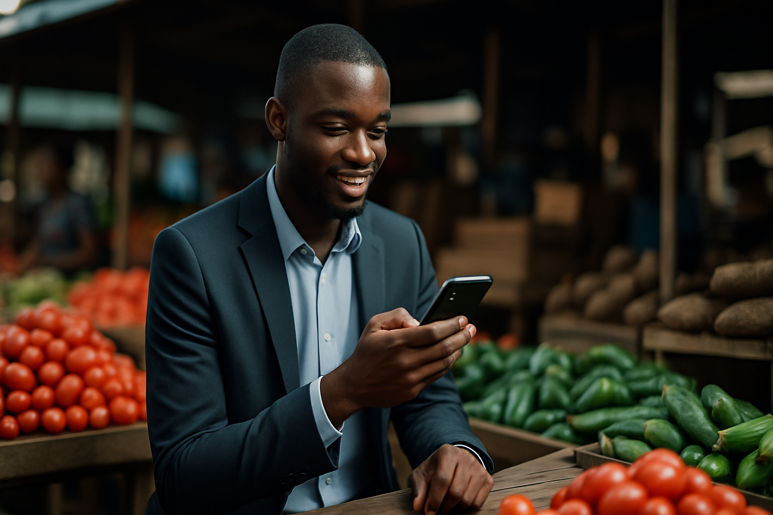 Young Nigerian entrepreneur using a smartphone to interact with customers via WhatsApp in a busy market stall