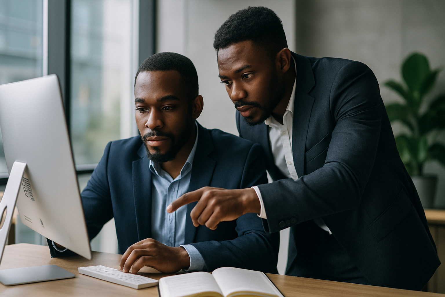 Two Nigerian sales managers at a computer, reviewing a list of company leads from a scraped directory