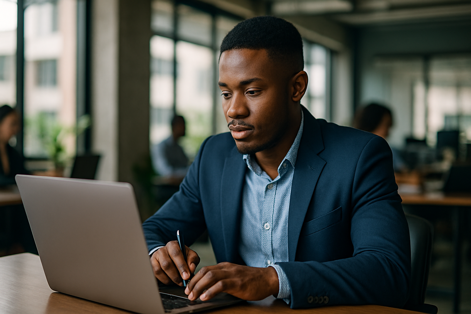 Young Nigerian entrepreneur at a laptop, drafting a personalized cold email with local business insights