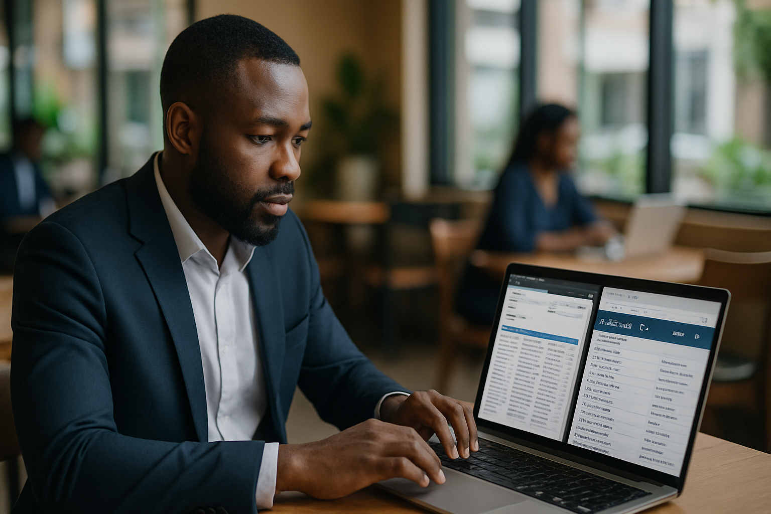 A Nigerian entrepreneur using a laptop in a café, running a web scraping tool while checking an exhibitor list on another tab