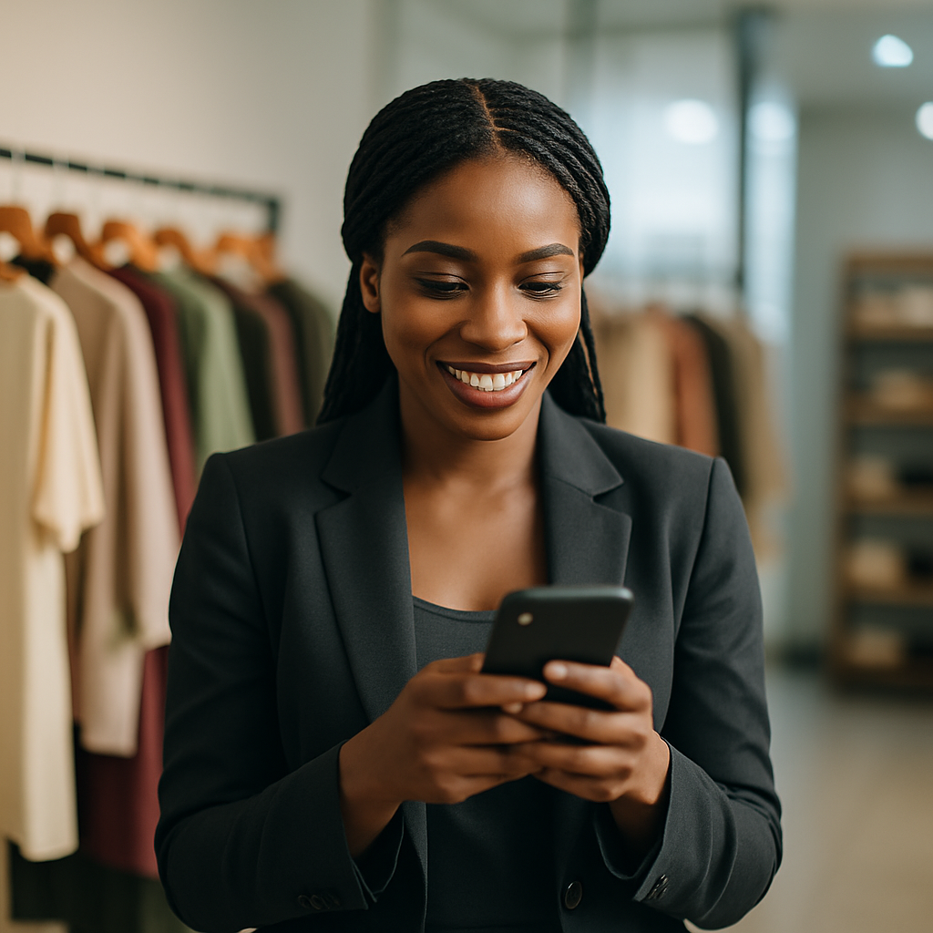 A Nigerian entrepreneur in her boutique smiling as she checks WhatsApp orders flowing in after instant AI replies