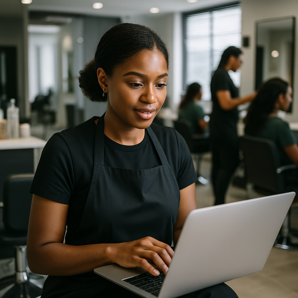 A Nigerian salon manager using a laptop to configure an AI WhatsApp appointment bot while clients are being attended to in the background