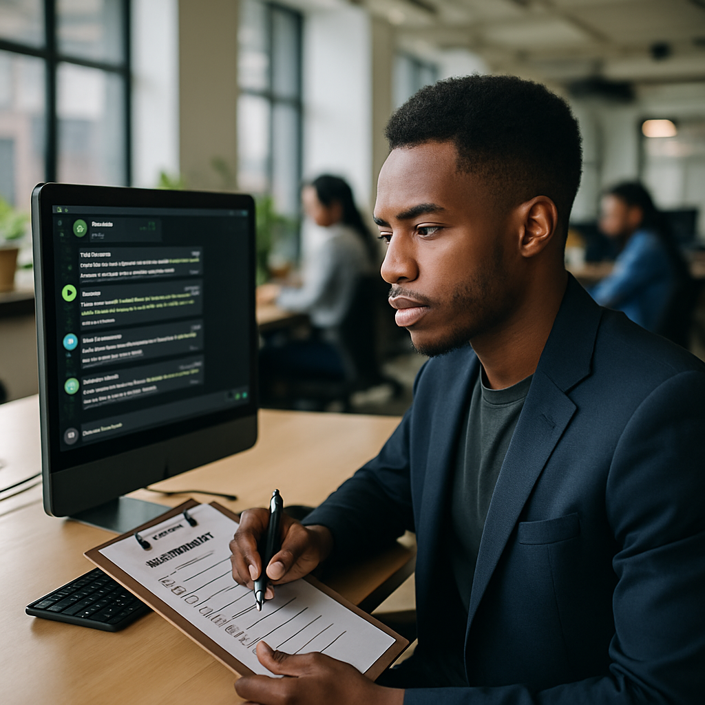 A young Nigerian digital marketer in a coworking hub monitoring WhatsApp broadcasts on a desktop while referencing compliance checklists