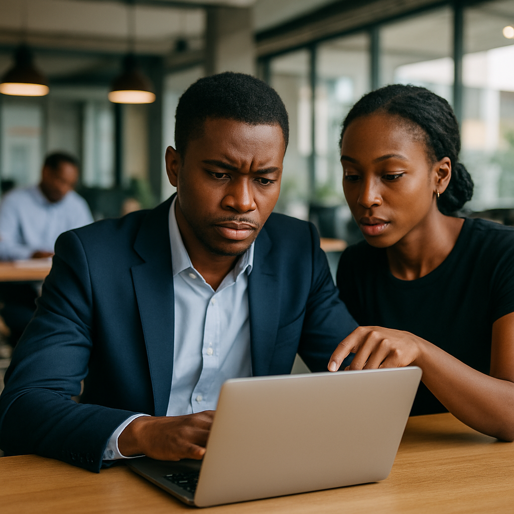 A young Nigerian entrepreneur on a laptop, frowning slightly while reviewing customer chat transcripts with a team member in a modern co-working space