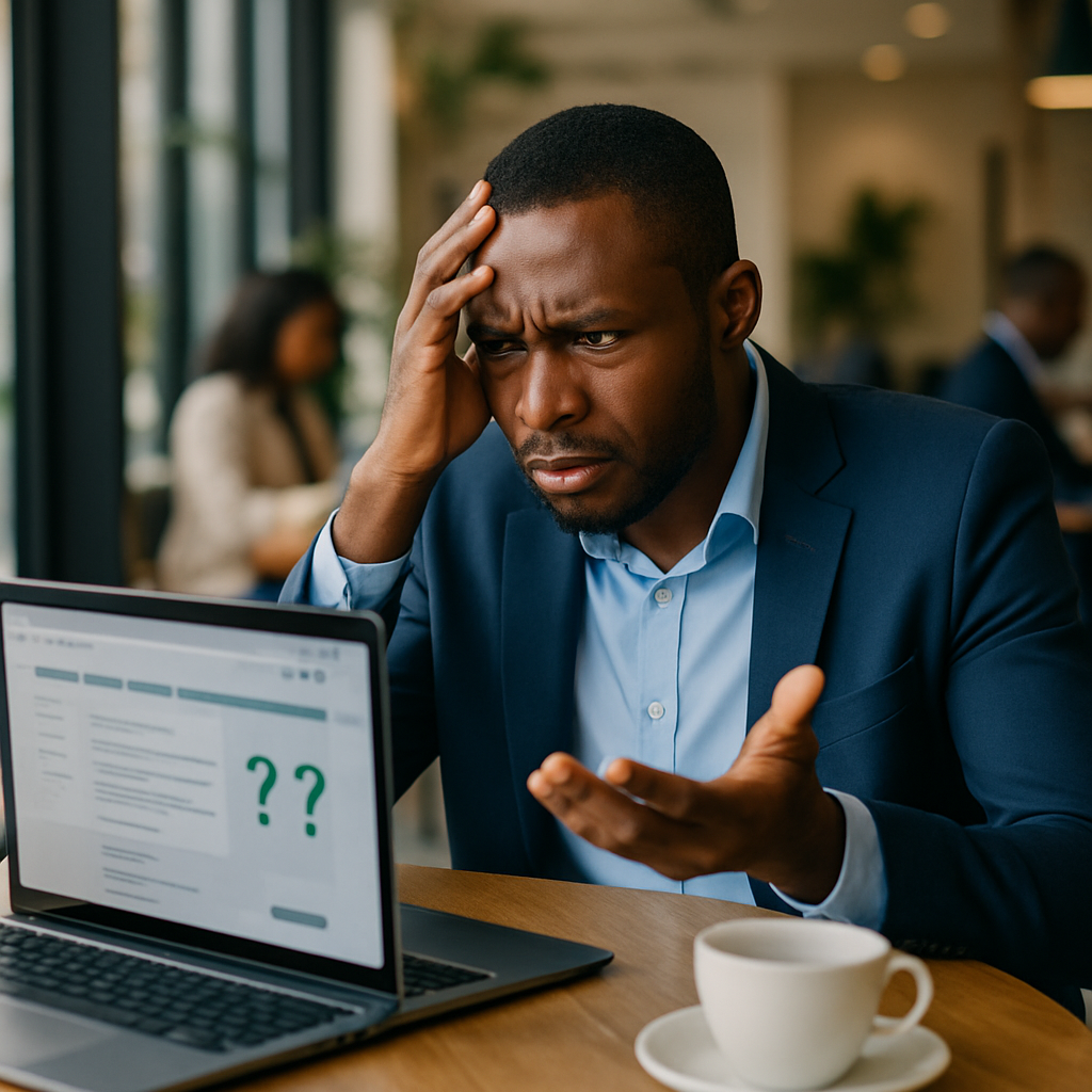 A Nigerian business owner frustrated while looking at a confusing website on a laptop in a cafe