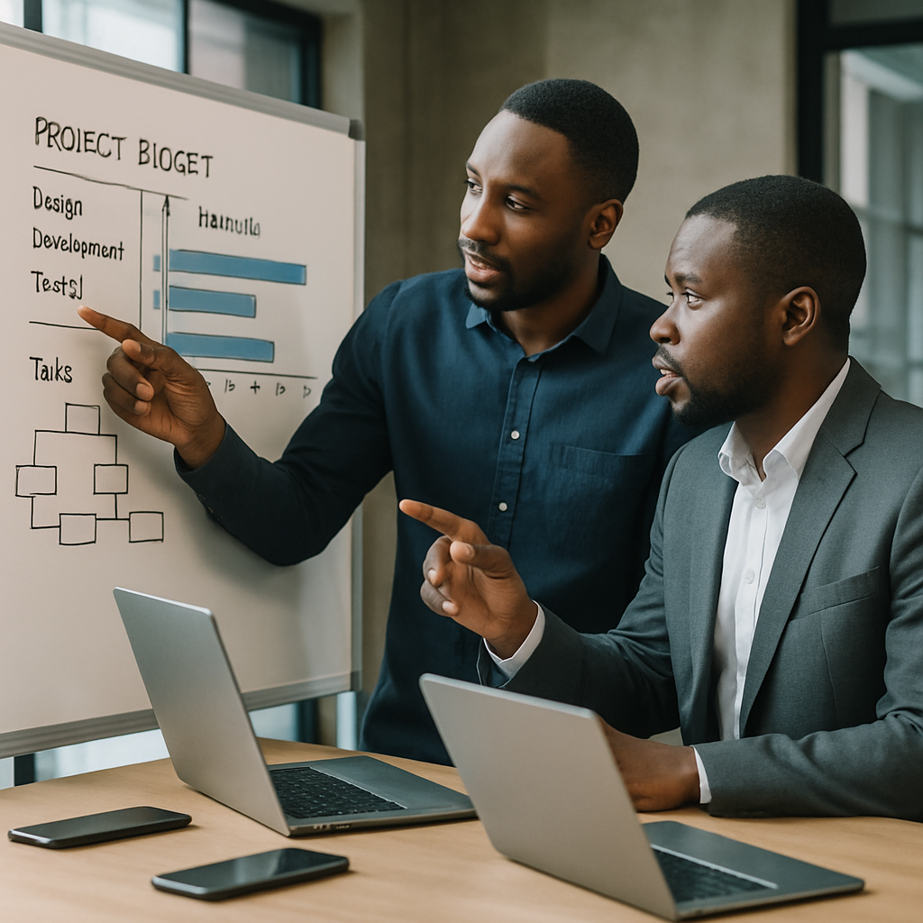 Two Nigerian developers comparing a project budget and timeline on a whiteboard, with mobile phones and laptops on the table