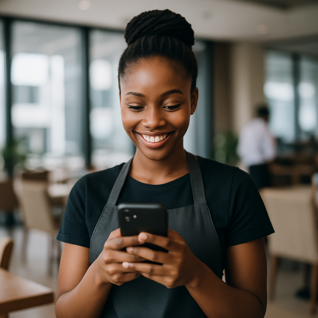 A young Nigerian waitress at a Lekki restaurant smiling as she checks her phone, receiving an instant WhatsApp reservation alert.