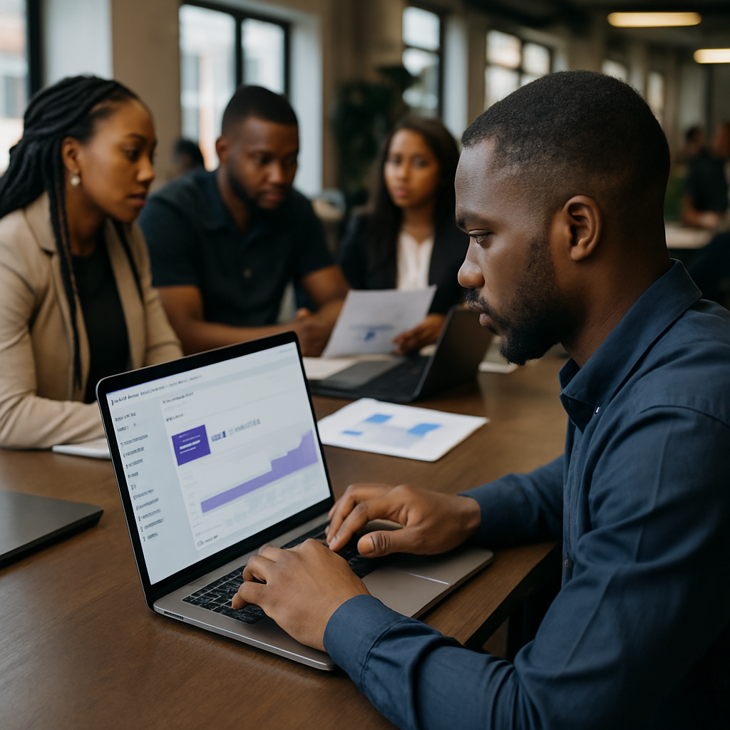 Web developer in a busy Nigerian co-working space using Google Search Console on a laptop, surrounded by team members discussing SEO reports