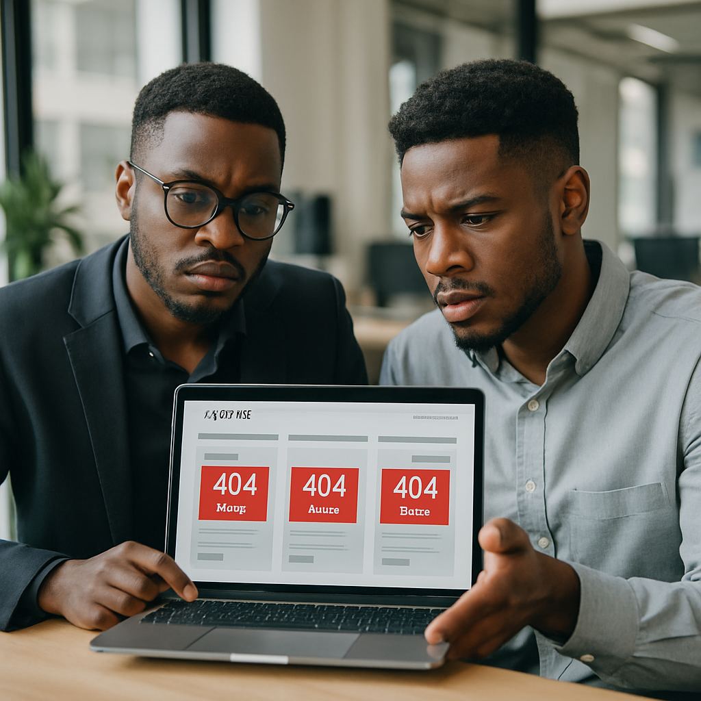 Two young Nigerian web designers reviewing a business website displaying 404 errors on multiple links
