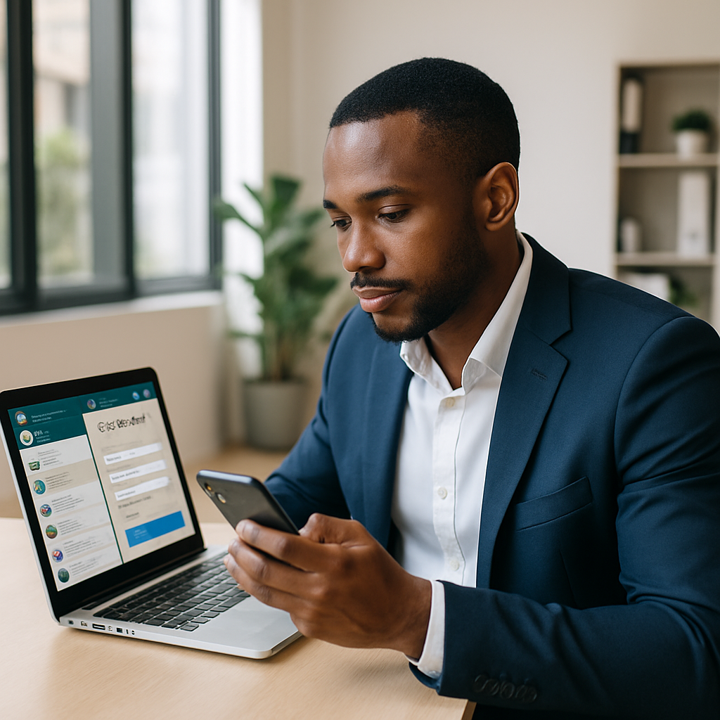 A Lagos business owner using a laptop and smartphone to manage WhatsApp chats and online lead forms in a bright workspace