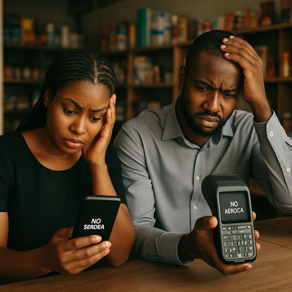 Two Nigerian entrepreneurs in a small shop, looking frustrated as their POS device and phones show “No Signal” during a blackout