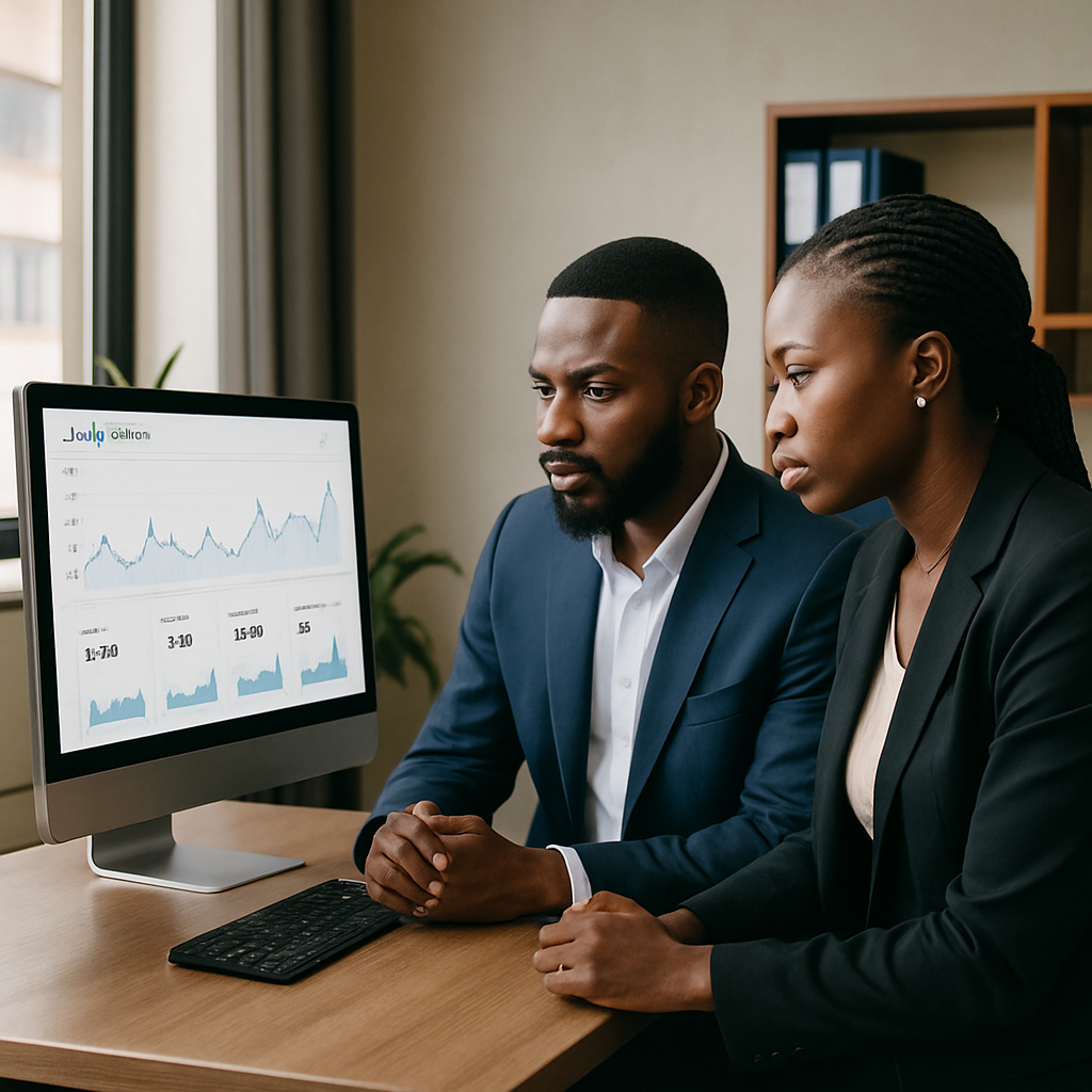 Two Nigerian business owners in a small office, watching their website analytics fluctuate on a desktop monitor