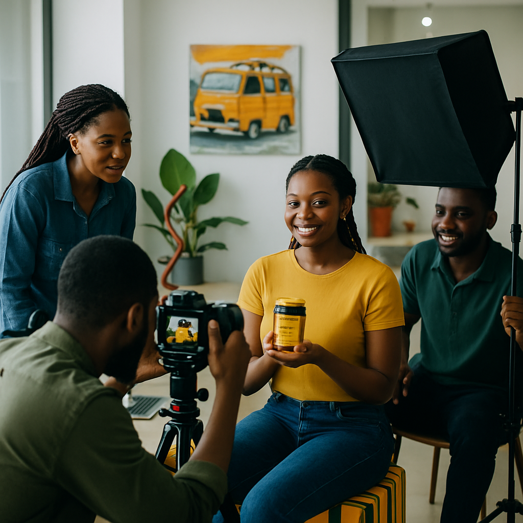 A creative team in a Nigerian digital agency photographing a model holding a local product, with bright background and props that signal Lagos culture.