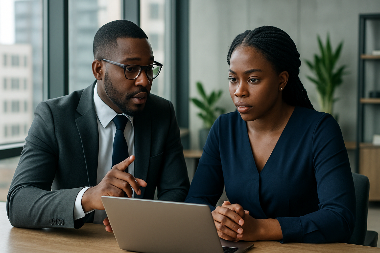 Nigerian legal advisor discussing compliance with a business owner over a laptop