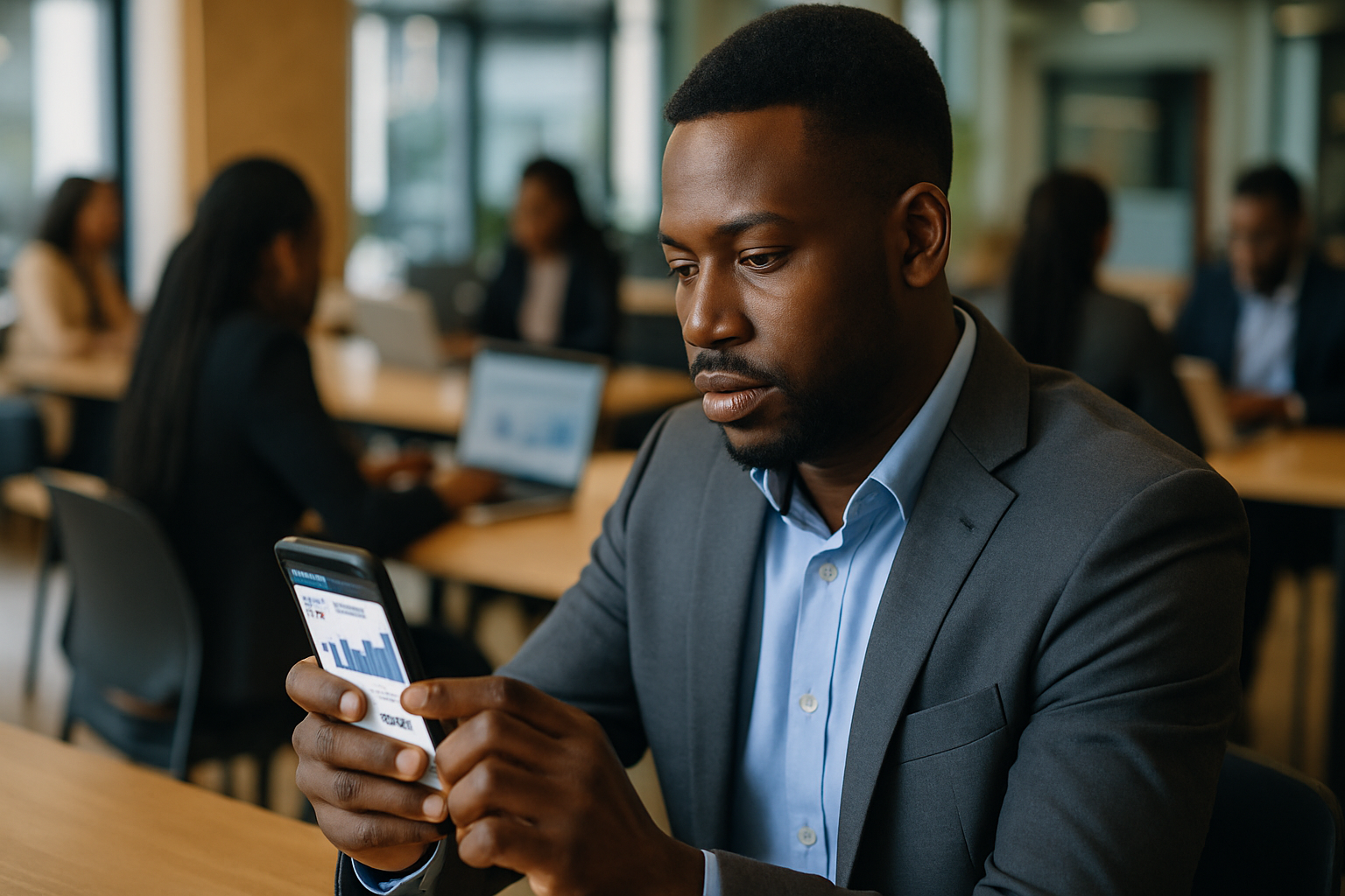 Nigerian sales manager reviewing cold email campaign analytics on a mobile phone in a bustling coworking space