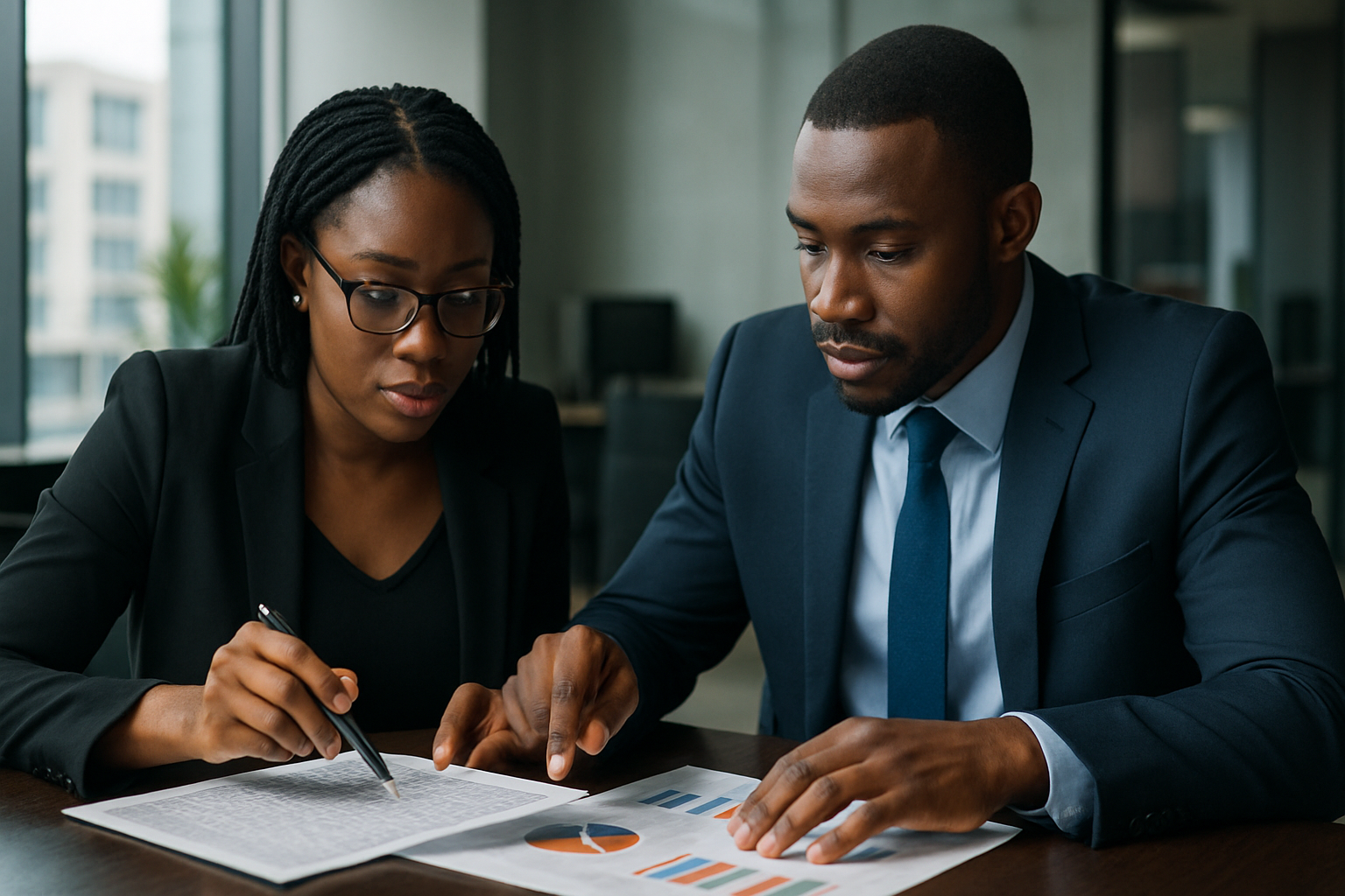 Two Nigerian business owners in a boardroom strategising over a printed exhibitor spreadsheet and market research charts