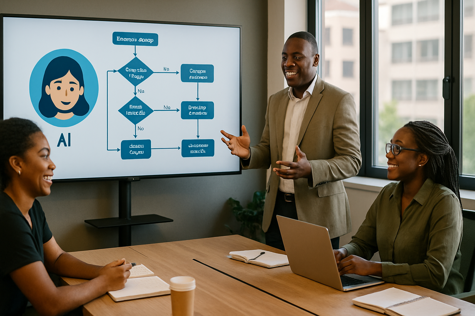 An AI agent on a large screen in a modern Nigerian office, showing a flowchart of WhatsApp support automation with smiling team members