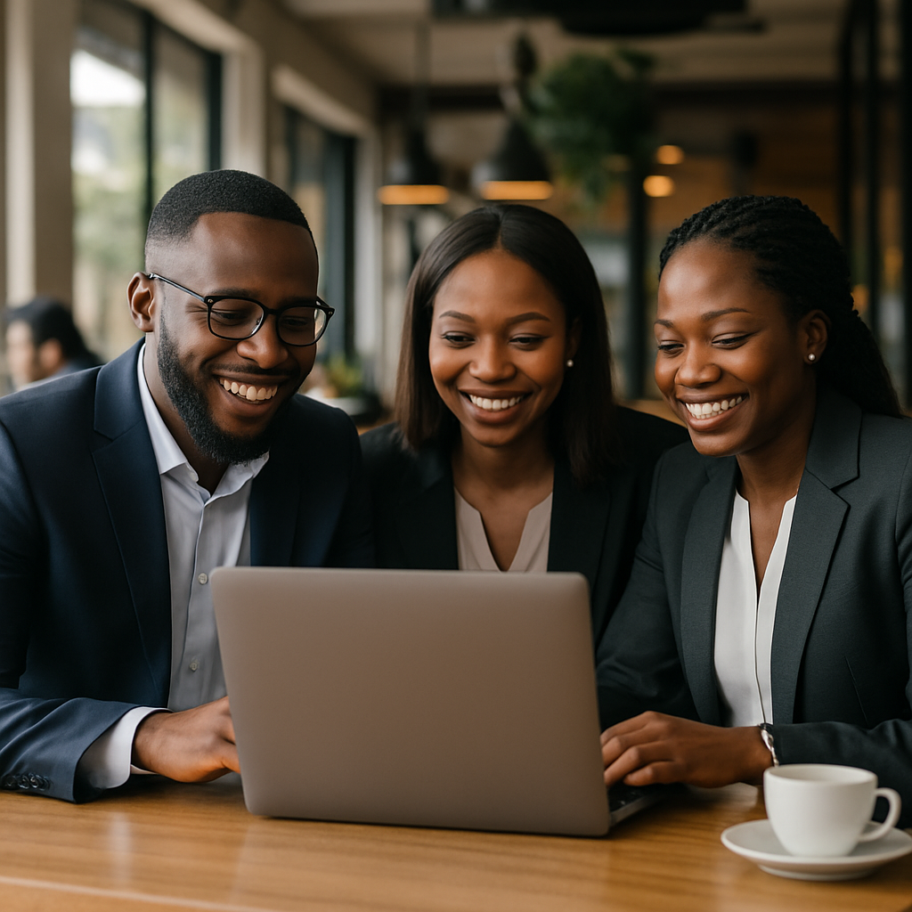 Three Nigerian business owners at a cafe discussing increased sales from WhatsApp AI automation on their laptops