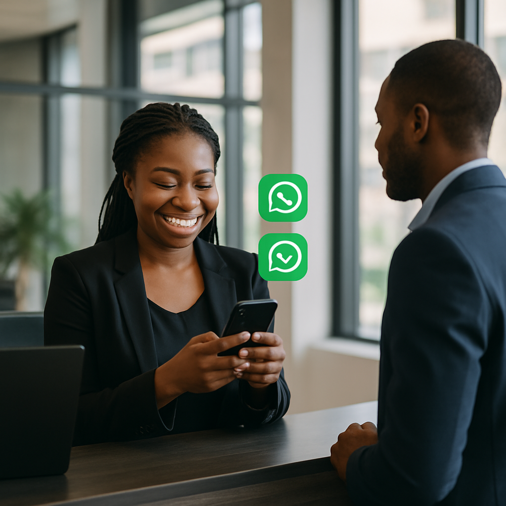 A smiling Nigerian receptionist receiving WhatsApp notifications of new appointments on her phone while attending to a walk-in client