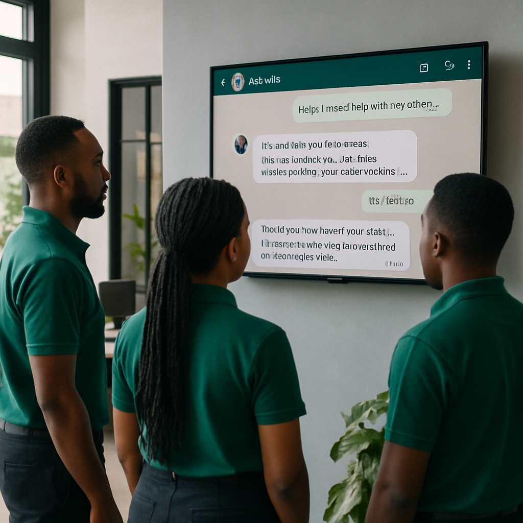 Nigerian customer support agents in branded shirts watching Abby AI respond to WhatsApp queries on a wall-mounted screen in a tech office