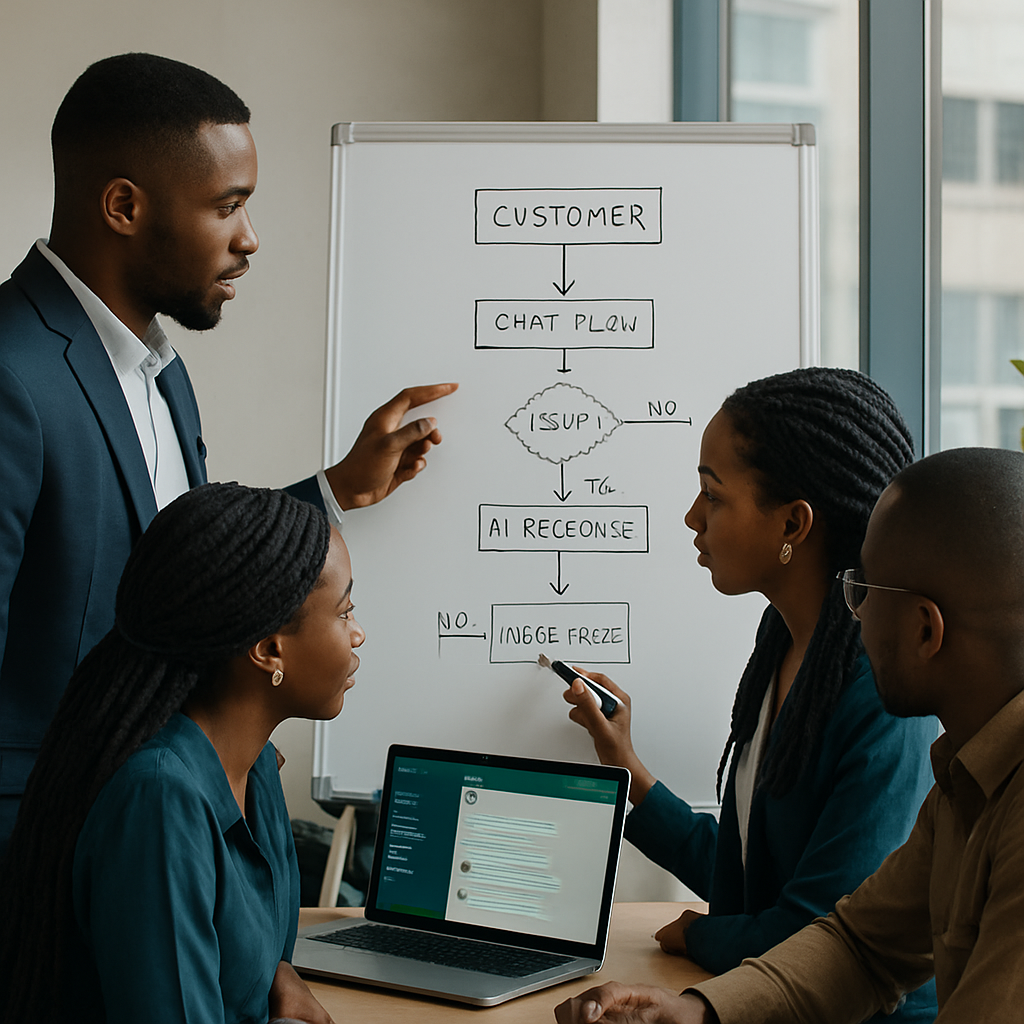 Three Nigerian business owners brainstorming with a whiteboard, mapping out customer chat flows and AI responses, with WhatsApp open on a laptop
