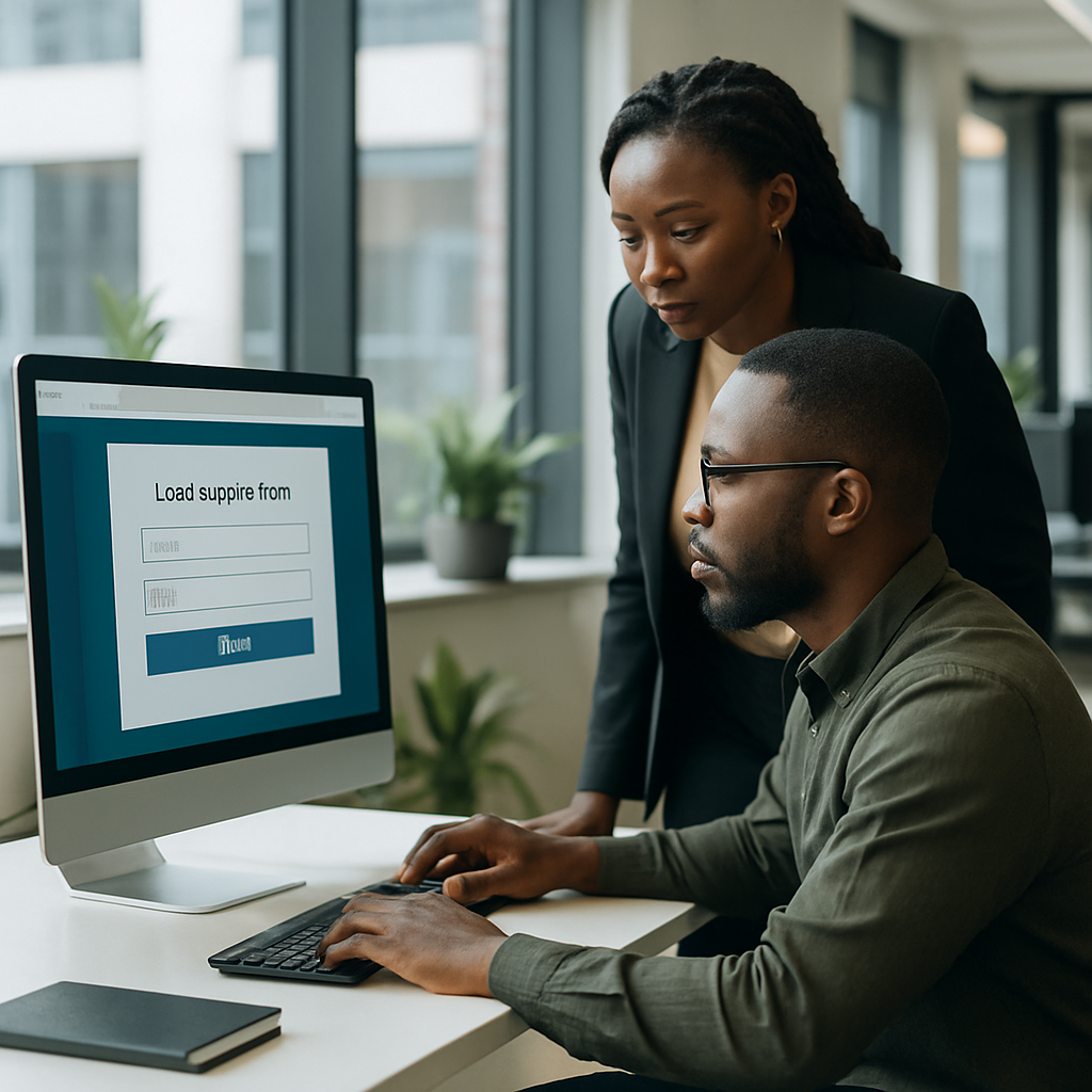 A web designer in Abuja optimising a lead capture form on a client’s website, with the client watching over their shoulder