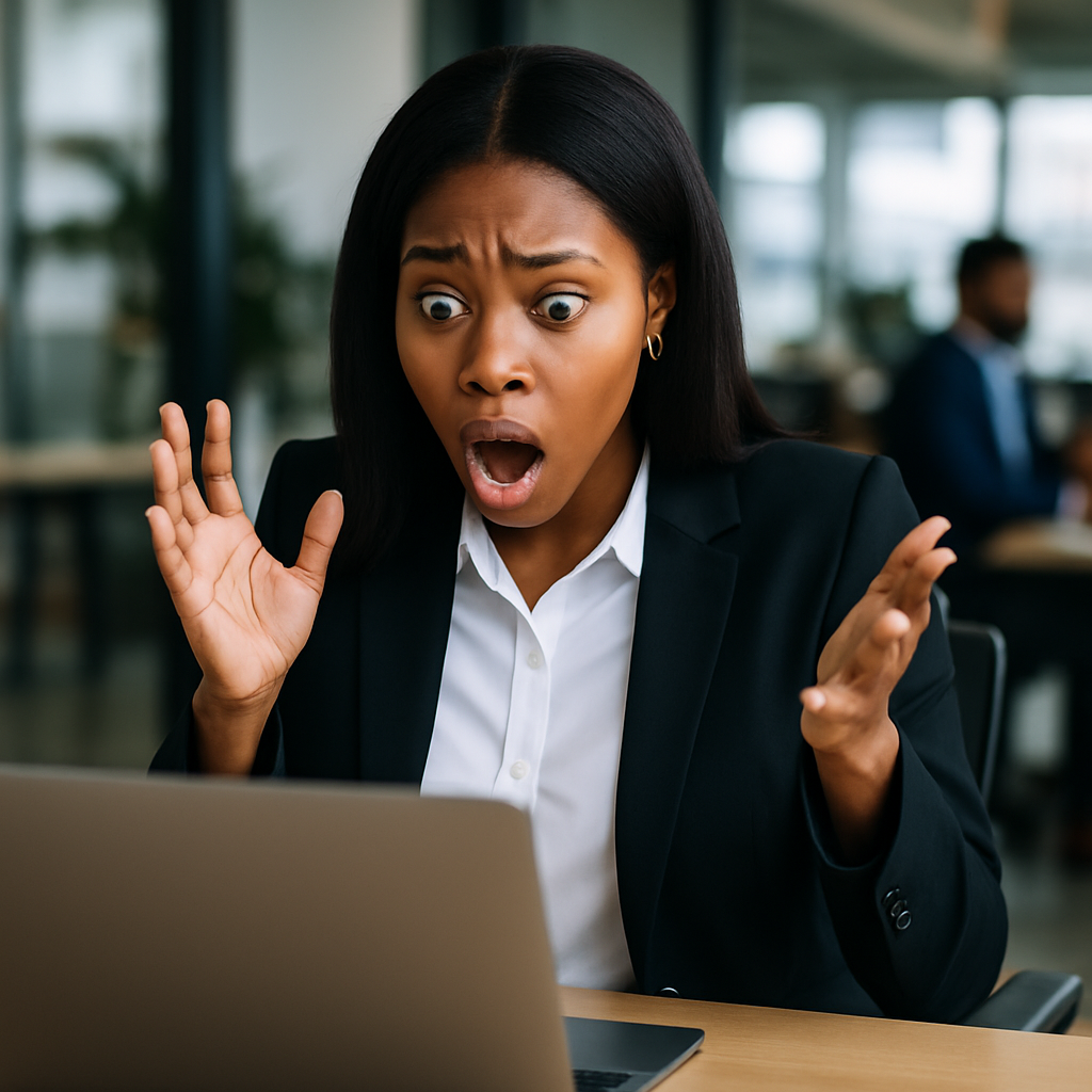 A Nigerian businesswoman looking surprised at a laptop screen displaying unexpected website charges