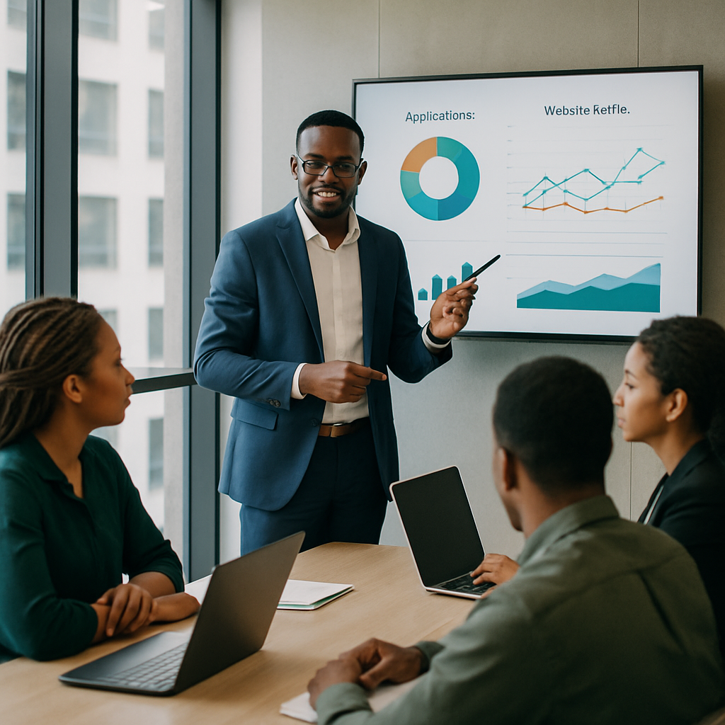 A Nigerian entrepreneur presenting app analytics and website traffic data to a small business team in a modern office