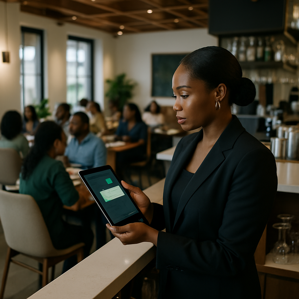 The interior of a bustling Lagos restaurant with diners seated, while a manager at the bar receives a WhatsApp booking confirmation on her tablet.