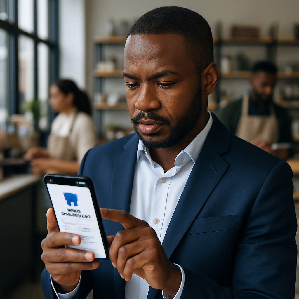 Small business owner in Abuja updating their Google Business Profile on a smartphone, with staff assisting in the shop background
