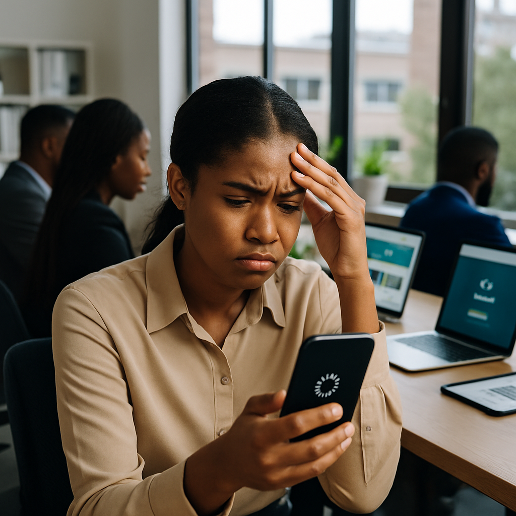 A frustrated Lagos shopper waiting as a business website loads slowly on their phone, surrounded by competitors’ websites loading instantly