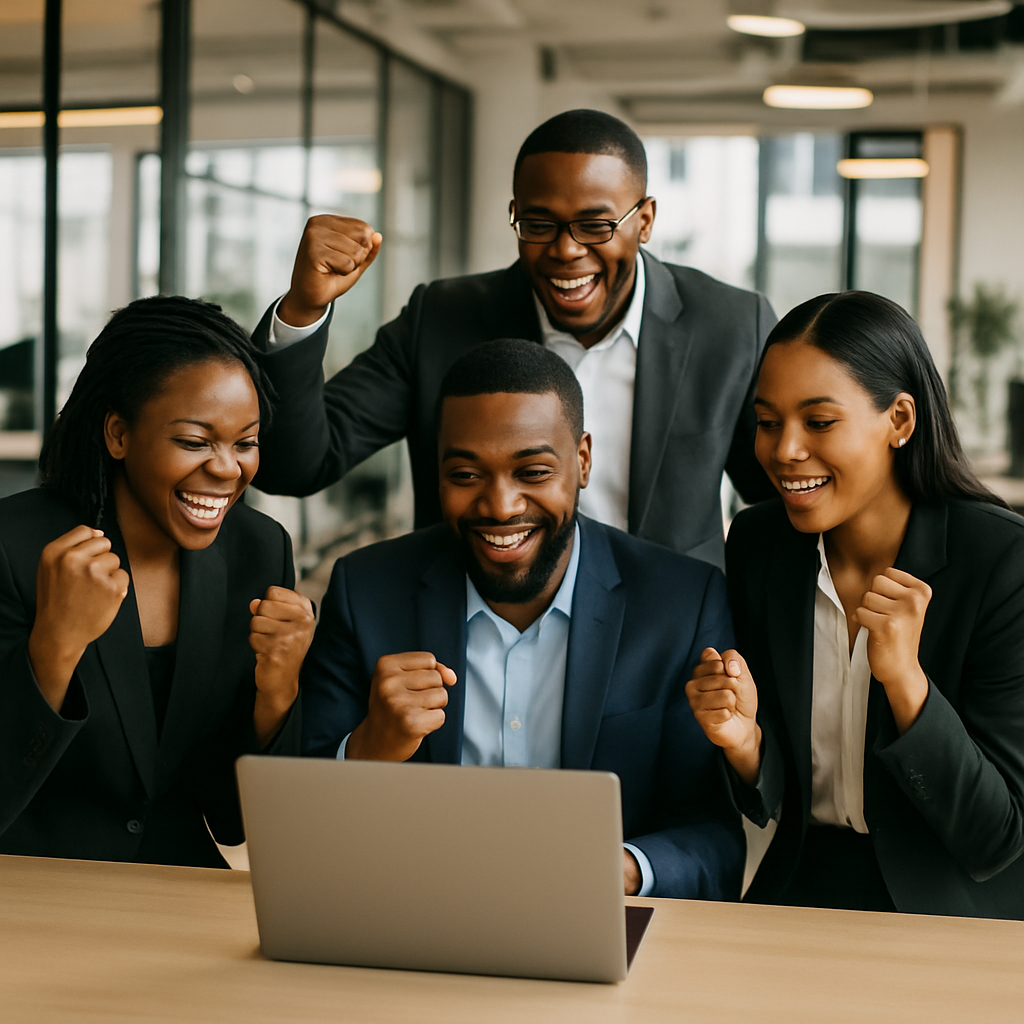 A sales team in a modern Lagos co-working space celebrating after closing a sale on a laptop