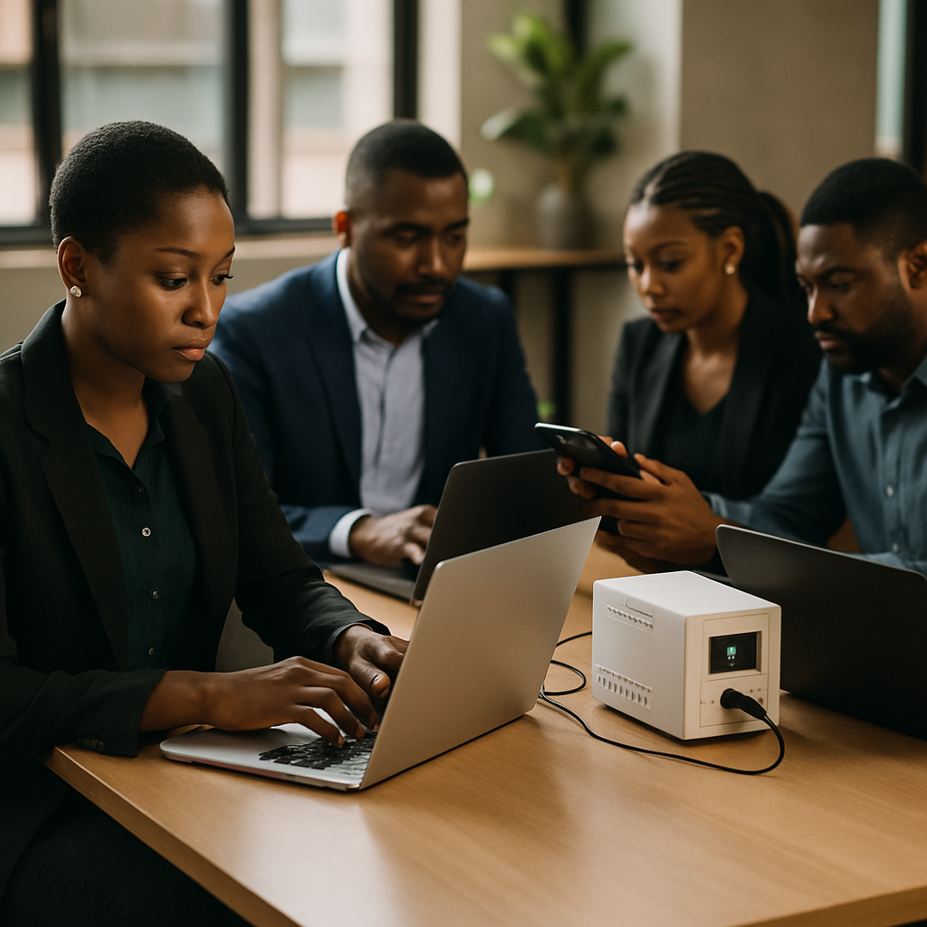 A resilient Nigerian team in a co-working space, using laptops and phones powered by a solar inverter, collaborating around a central table