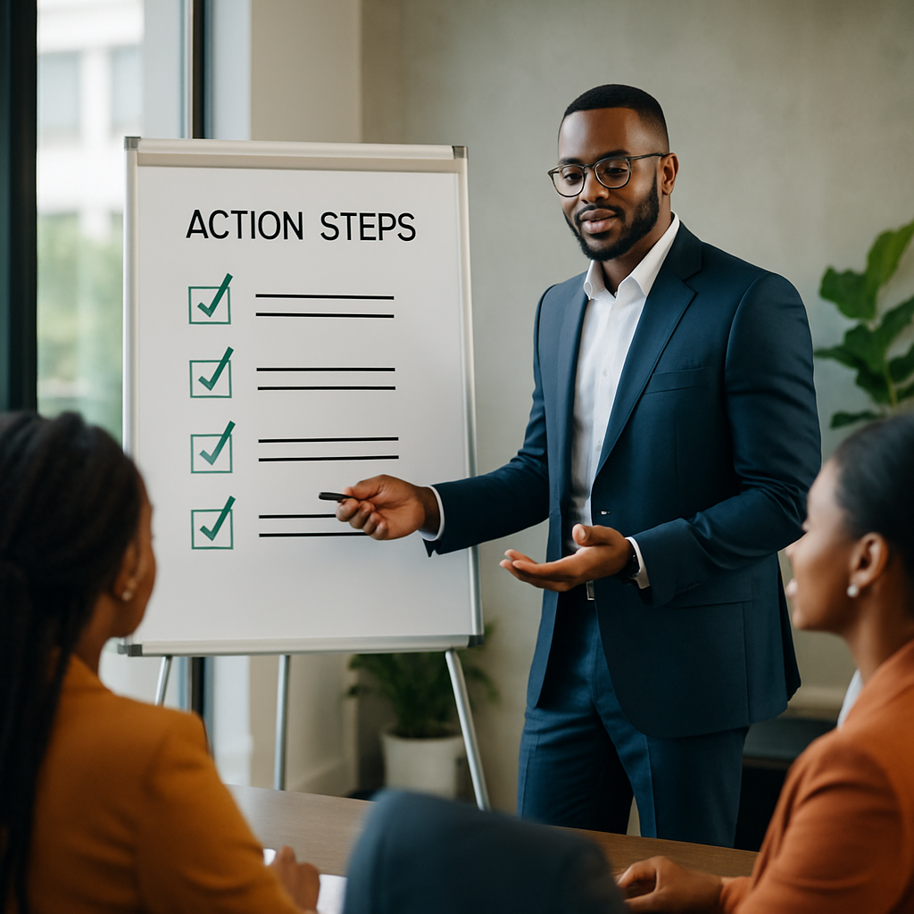 A Nigerian digital marketer presenting a checklist on a whiteboard to a group of small business owners